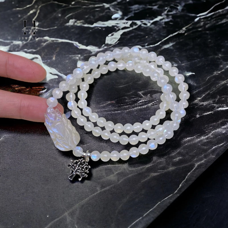 Vòng tay đá moonstone mix hồ ly charm bạc HANMYNGHE 1 Vòng tay đá moonstone mix hồ ly charm bạc HANMYNGHE