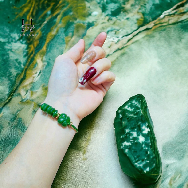 Vòng tay ngũ điếu tài lộc mix cỏ 4 lá may mắn đá ngọc bích tự nhiên HANMYNGHE 1 Vòng tay ngũ điếu tài lộc mix cỏ 4 lá may mắn đá ngọc bích tự nhiên HANMYNGHE